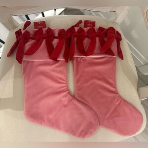 NWT Velvet Pink Christmas Stockings with Red Bows Set of 2 By Ashland